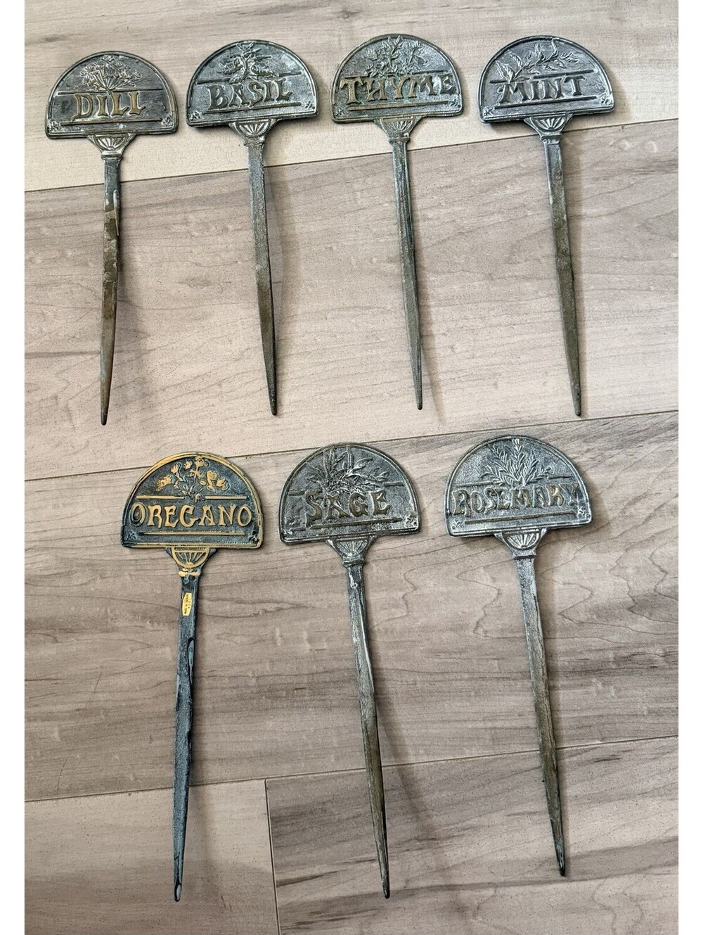 7 Vintage Cast Brass Herb Garden Marker Stakes Rosemary Thyme Sage Oregano Dill